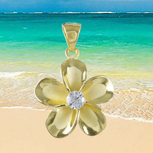 Hawaiian Plumeria Pendant, Sterling Silver Yellow-Gold Plated Plumeria CZ Pendant, Christmas Anniversary Birthday Mom Gift