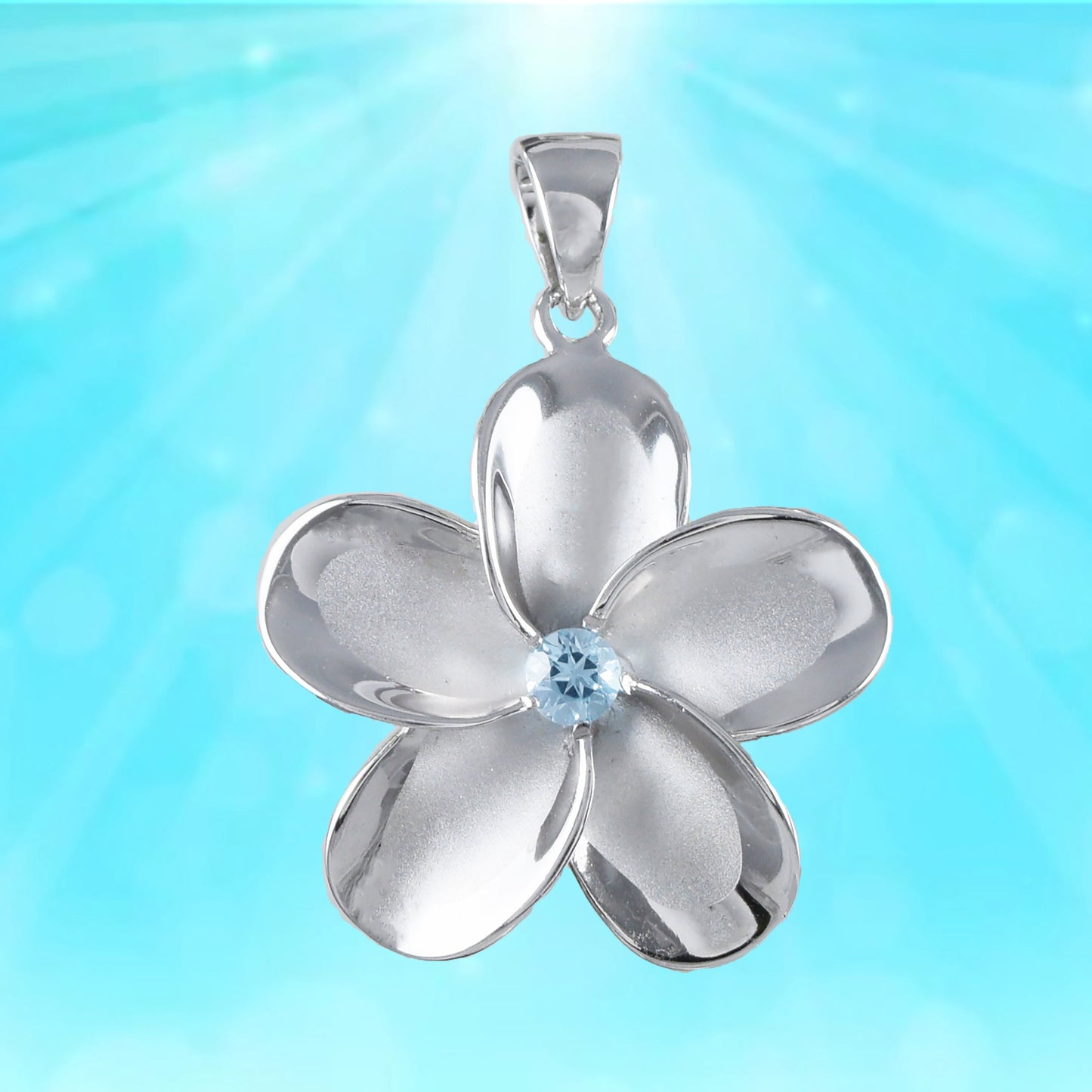 Hawaiian Large Genuine Blue Topaz Plumeria Pendant, Sterling Silver Plumeria Pendant, Christmas Anniversary Birthday Mom Gift