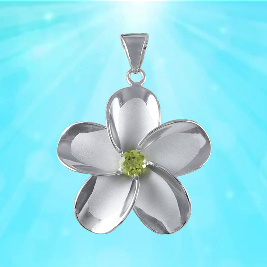 Hawaiian X-Large Genuine Peridot Plumeria Pendant, Sterling Silver Plumeria Pendant, Christmas Anniversary Birthday Mom Gift