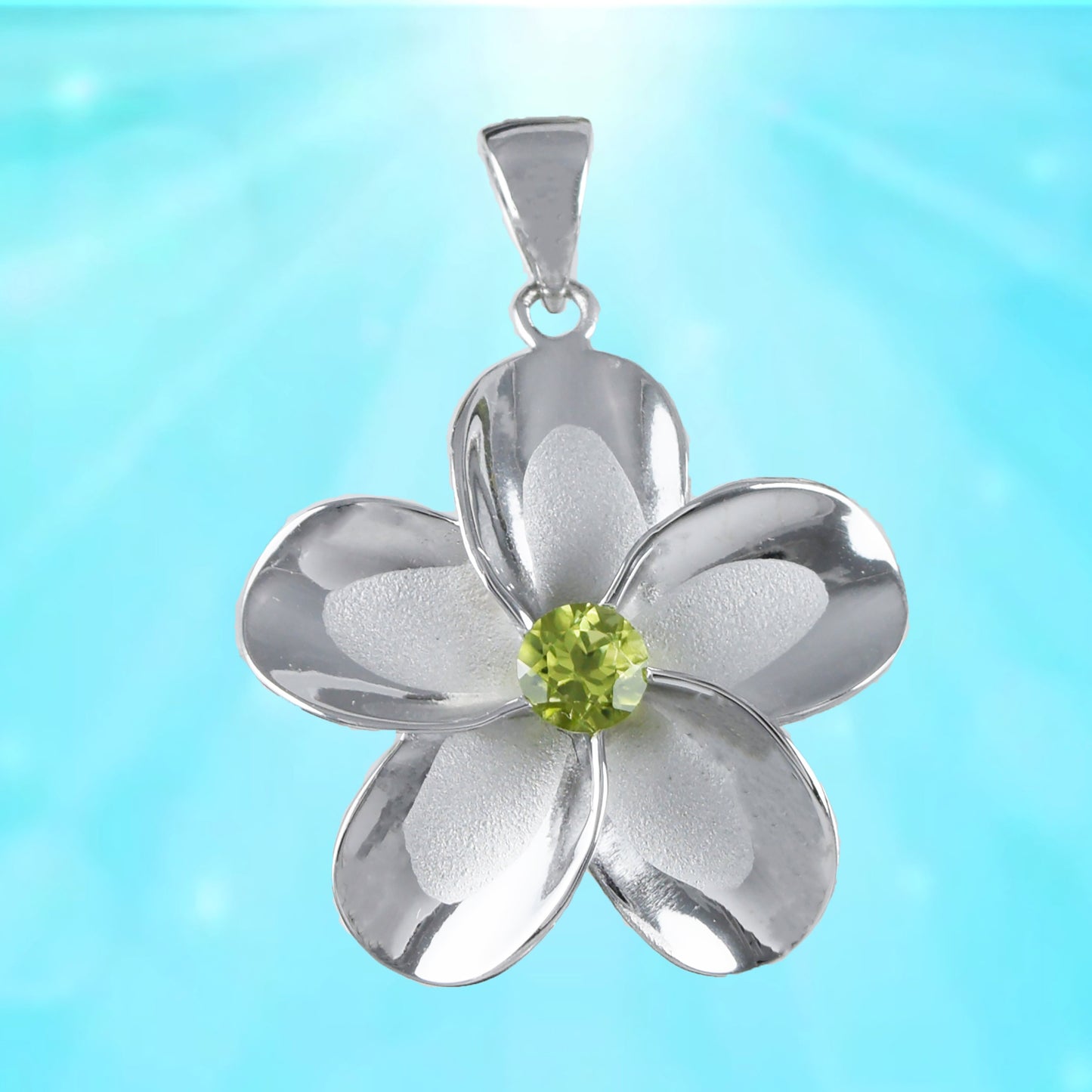 Hawaiian Large Genuine Peridot Plumeria Pendant, Sterling Silver Plumeria Pendant, Christmas Anniversary Birthday Mom Gift