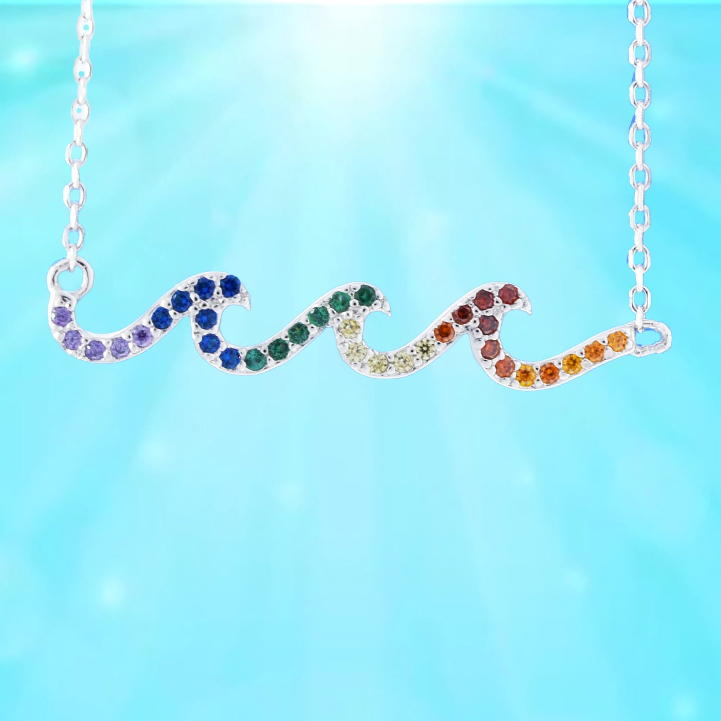 Hawaiian Rainbow Color Ocean Wave Necklace, Sterling Silver Wave CZ Necklace, Christmas Anniversary Birthday Mom Gift