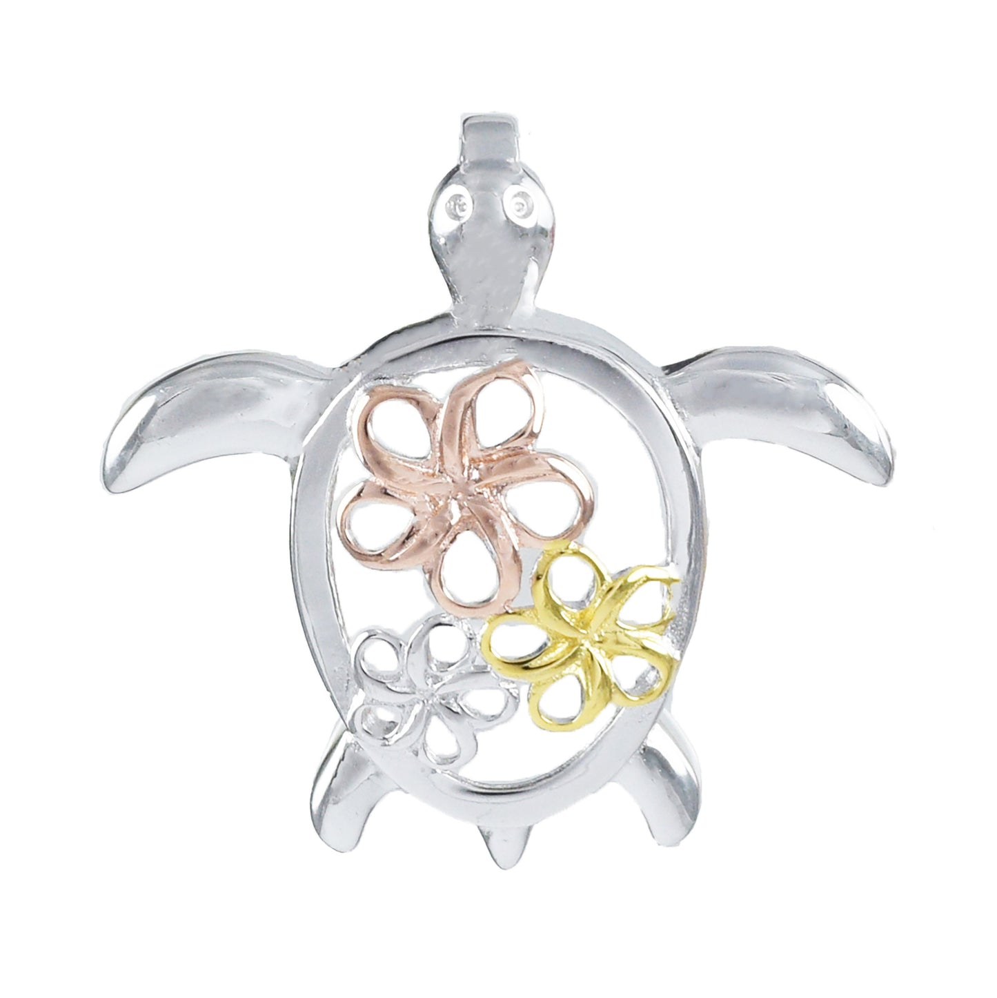 Hawaiian Tri-color Sea Turtle 3 Plumeria Pendant, Sterling Silver Turtle Plumeria Pendant, Christmas Anniversary Mom Birthday Gift