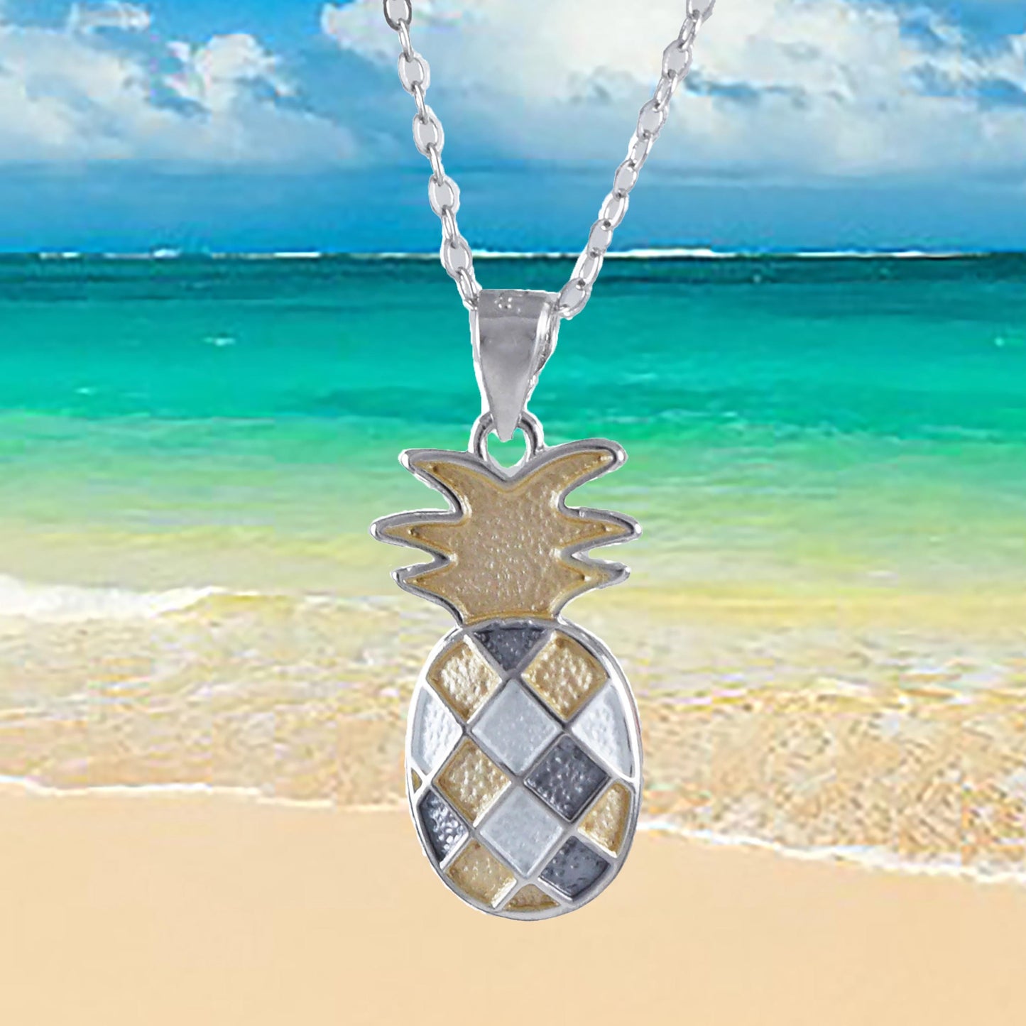 Hawaiian 3-Tone Pineapple Necklace, Sterling Silver Tri-color Pineapple Charm Pendant, Hawaiian Jewelry