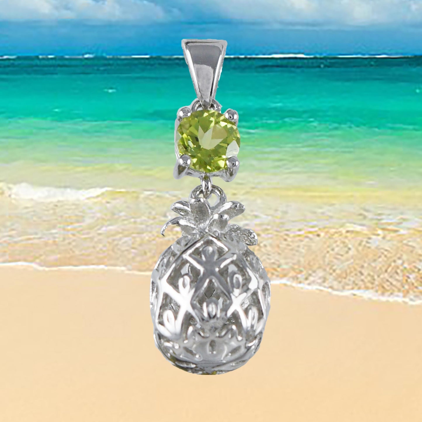 Hawaiian 3D Genuine Peridot Pineapple Pendant, Sterling Silver 3D Green Peridot Pineapple Pendant, Christmas Anniversary Birthday Gift