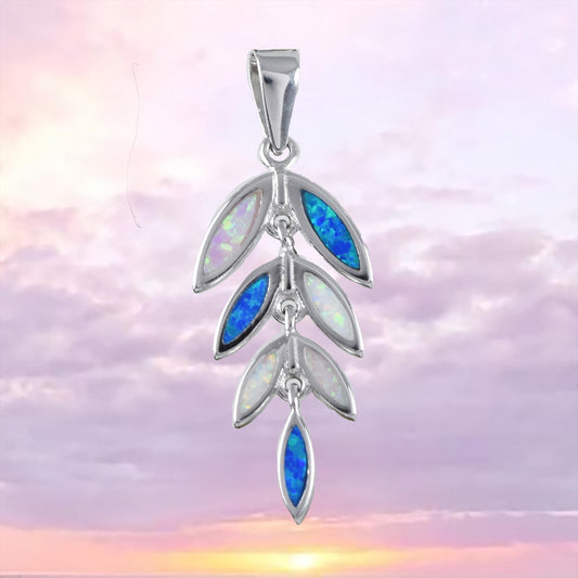 Hawaiian Tri-color Opal Maile Leaf Pendant, Sterling Silver Blue White Pink Opal Maile Leaf Pendant, N8838 Birthday Mom Gift