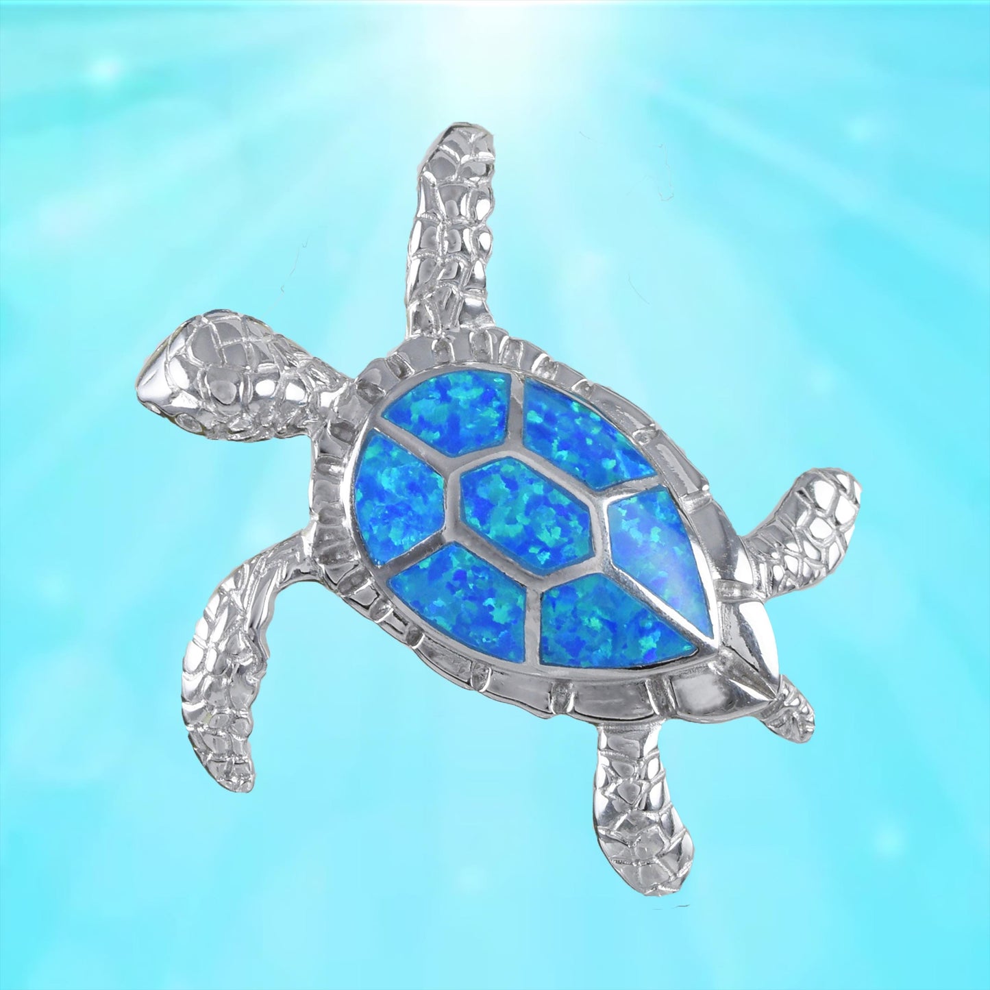 Hawaiian X-Large Blue Opal Sea Turtle Pendant, Sterling Silver Blue Opal Inlay Sea Turtle Pendant, Hawaiian Christmas Mother Birthday Gift