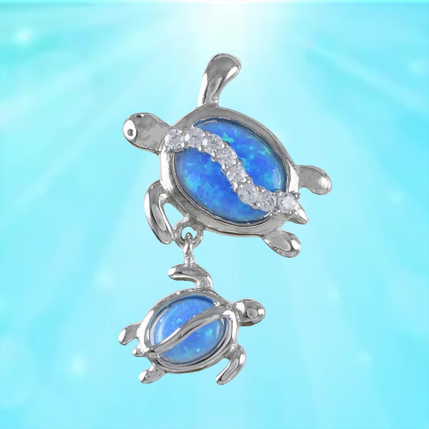 Hawaiian Blue Opal Mom and Small Sea Turtle Pendant, Sterling Silver Blue Opal Inlay Sea CZ Turtle Pendant, Christmas Birthday Gift