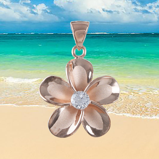 Hawaiian Plumeria Pendant, Sterling Silver Rose-Gold Plated Plumeria CZ Pendant, Christmas Anniversary Birthday Mom Gift