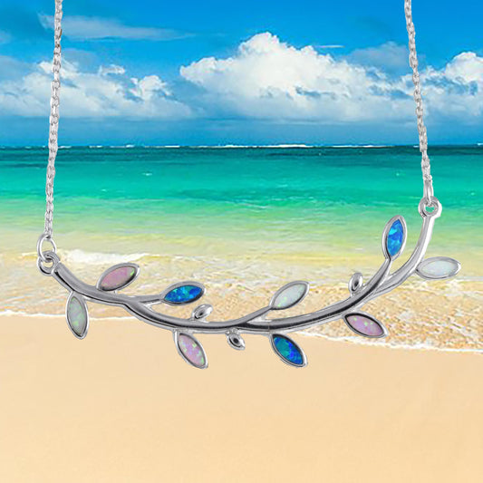 Hawaiian Blue White Pink Opal Maile Leaf Necklace, Sterling Silver Blue Opal Maile Leaf Necklace, Christmas Anniversary Birthday Mom Gift