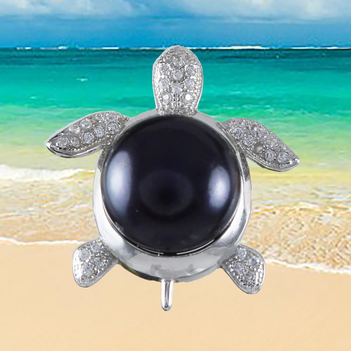 Hawaiian Genuine Black Pearl Sea Turtle Pendant, Sterling Silver Black Pearl CZ Sea Turtle Pendant, Christmas Birthday Gift