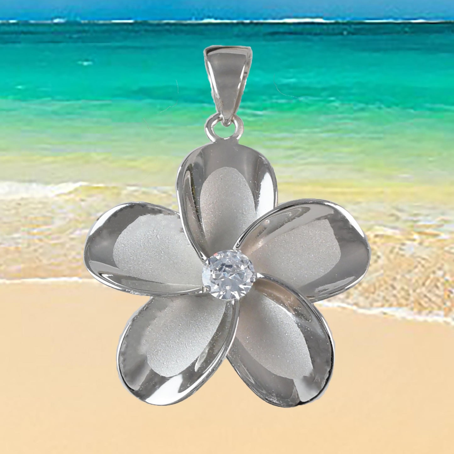 Hawaiian Large Plumeria Pendant, Sterling Silver Plumeria CZ Pendant, Hawaiian Jewelry, Christmas Anniversary Birthday Mom Gift