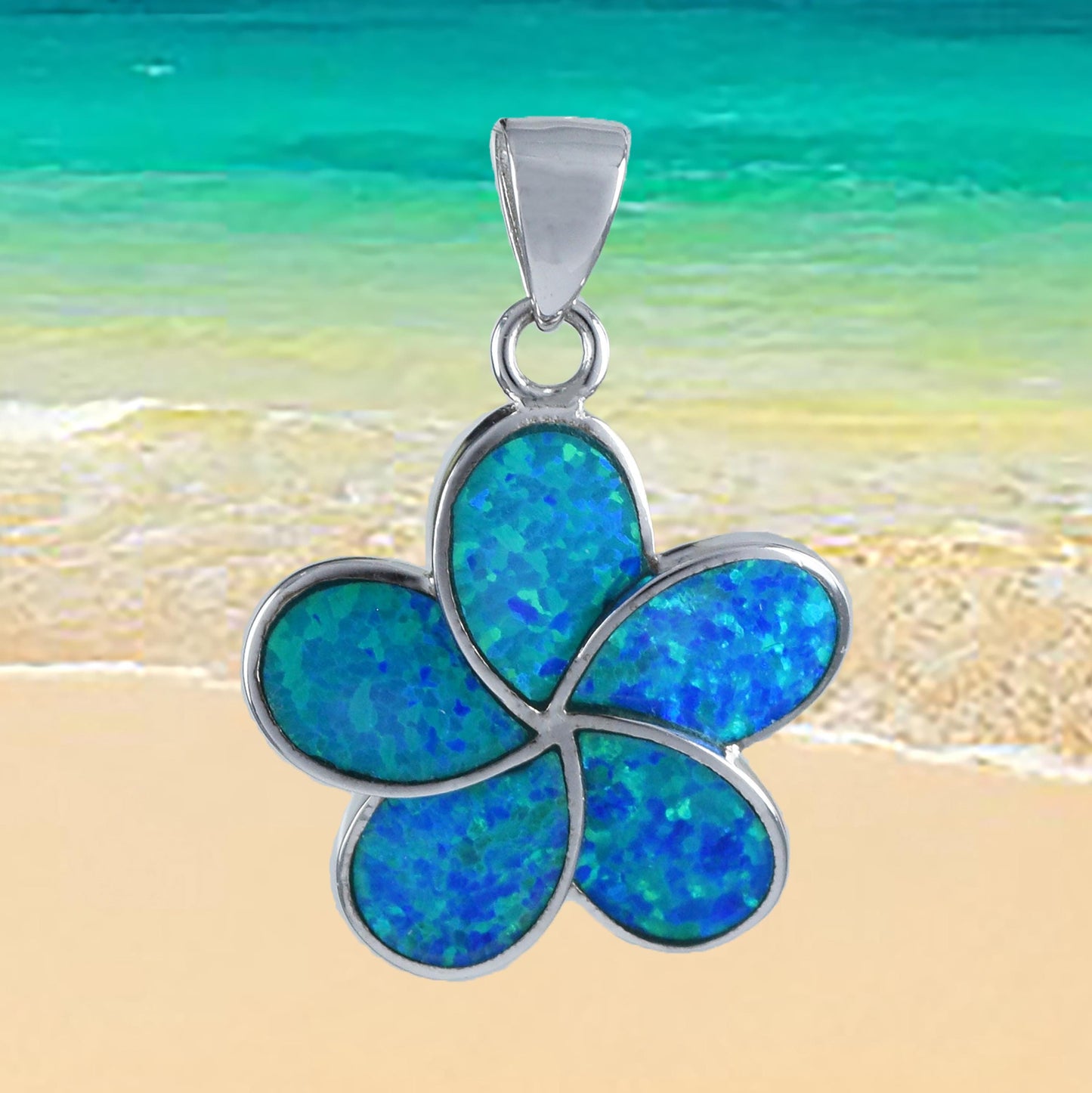 Hawaiian Blue Opal Plumeria Pendant, Sterling Silver Blue Opal Inlay Plumeria Pendant, Christmas Present, Birthday Gift