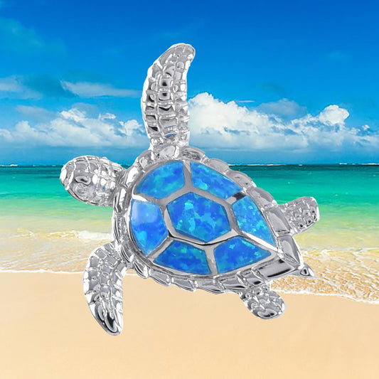 Hawaiian Blue Opal Sea Turtle Pendant, Sterling Silver Blue Opal Inlay Sea Turtle Pendant, Christmas Present, Birthday Gift