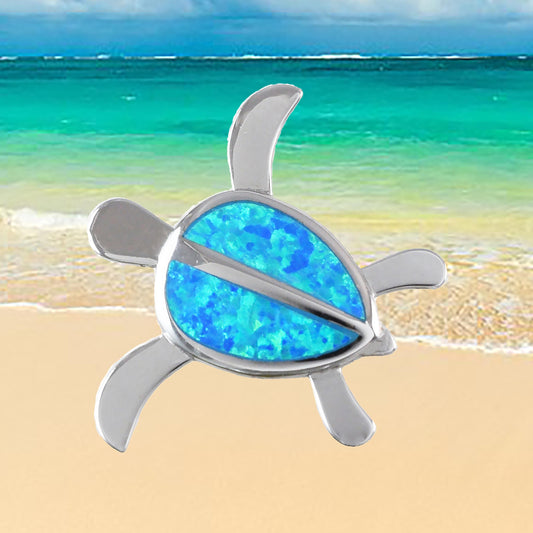 Hawaiian Large Blue Opal Sea Turtle Pendant, Sterling Silver Blue Opal Inlay Sea Turtle Pendant, Mom Christmas Birthday Gift