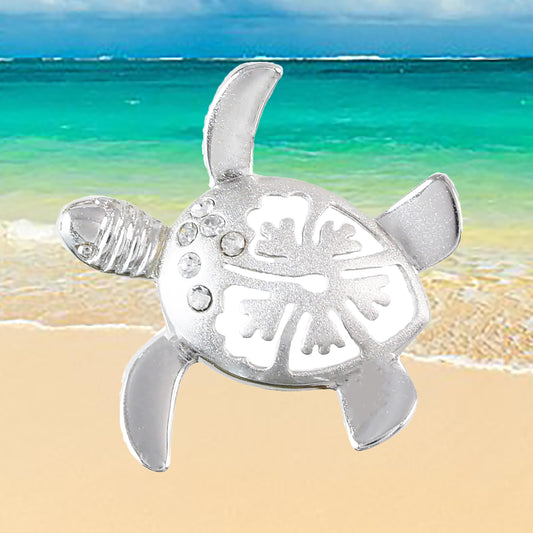 Hawaiian Sea Turtle Hibiscus Pendant, Sterling Silver Turtle W. Hibiscus  CZ Pendant, Christmas Anniversary Birthday Gift