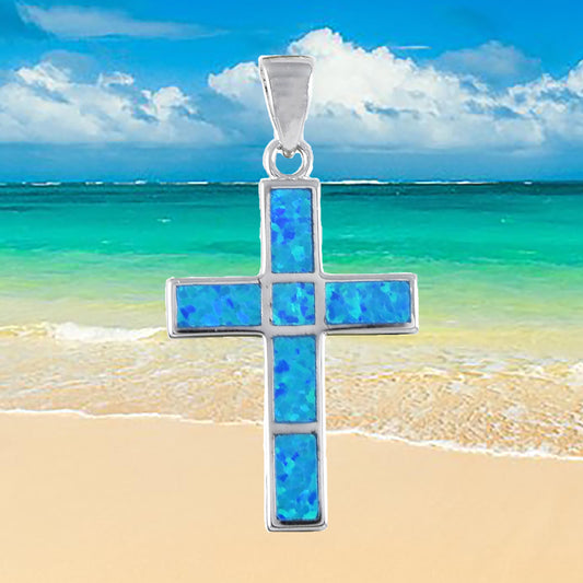 Hawaiian Blue Opal Cross Pendant, Sterling Silver Blue Opal Inlay Cross Pendant, Christmas Anniversary Birthday Gift