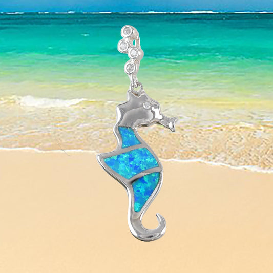 Hawaiian Blue Opal Seahorse Pendant, Sterling Silver Blue Opal Sea Horse CZ Pendant, Christmas Anniversary Birthday Mom Gift