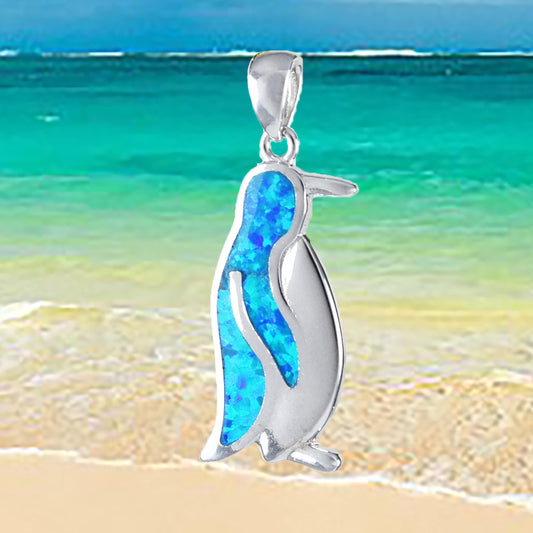 Blue Opal Penguin Pendant Necklace, Sterling Silver Blue Opal Inlay Penguin Pendant, Christmas Mother Mom Birthday Gift