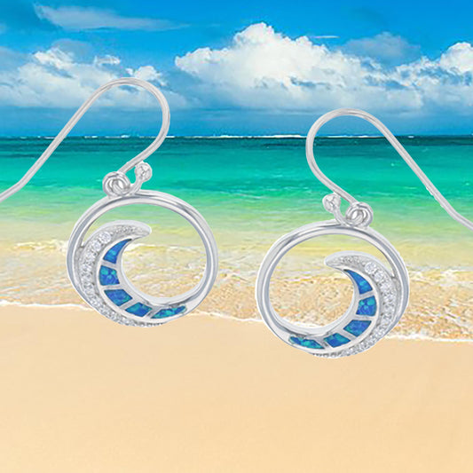 Hawaiian Blue Opal Ocean Wave Earrings, Sterling Silver Blue Opal Inlay Wave CZ Dangle Earrings, Christmas Mom Birthday Gift