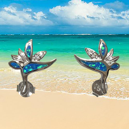 Hawaiian Blue Opal Bird of Paradise Earrings, Sterling Silver Blue Opal Inlay Flower CZ Dangle Earrings, Christmas Mom Birthday Gift