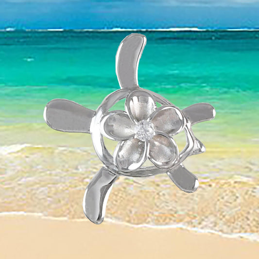 Hawaiian Sea Turtle Plumeria Pendant,  Sterling Silver Turtle Plumeria CZ Pendant, Christmas Anniversary Birthday Gift