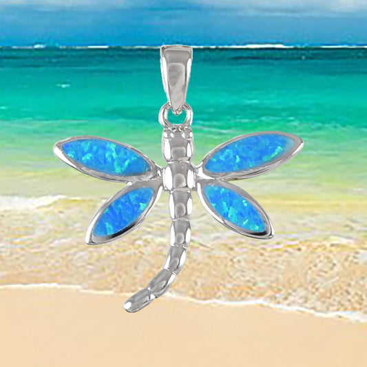 Hawaiian Blue Opal Dragonfly Pendant, Sterling Silver Blue Opal Inlay Dragonfly Pendant, Christmas Present, Birthday Gift