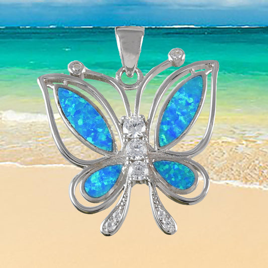 Hawaiian Large Blue Opal Butterfly Pendant, Sterling Silver Blue Opal Butterfly CZ Pendant, Hawaiian Jewelry, Mom Birthday Gift