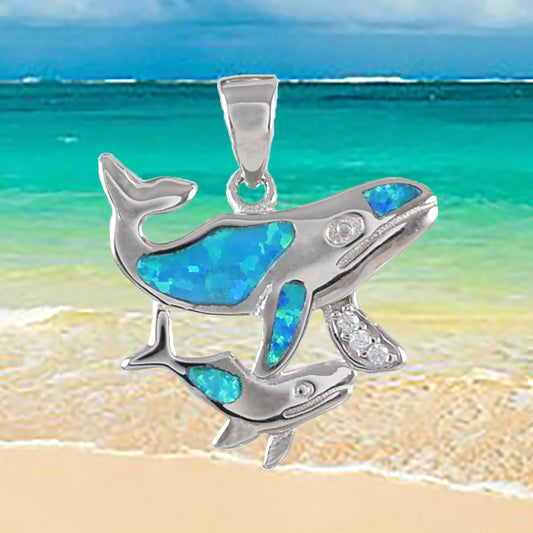 Hawaiian Mom & Small Humpback Whale Pendant, Sterling Silver Blue Opal 2 Humpback Whale CZ Charm Pendant, Christmas Mom Birthday Gift