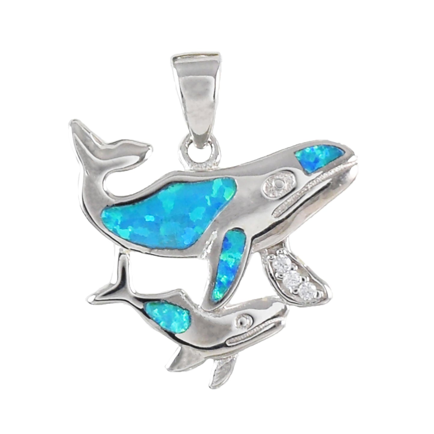 Hawaiian Mom & Small Humpback Whale Pendant, Sterling Silver Blue Opal 2 Humpback Whale CZ Charm Pendant, Christmas Mom Birthday Gift