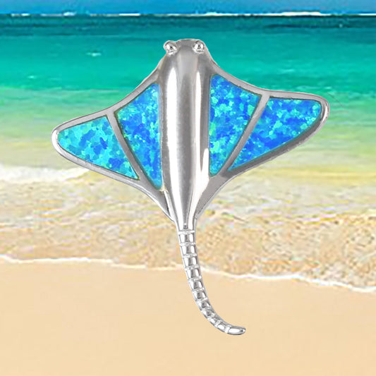 Hawaiian Blue Opal Stingray Pendant, Sterling Silver Blue Opal Sting Ray Pendant, Christmas Anniversary Birthday Mom Gift