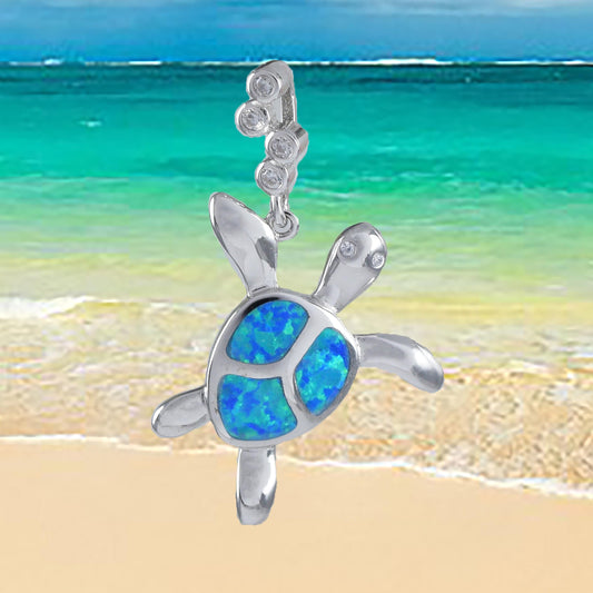 Hawaiian Blue Opal Sea Turtle Pendant, Sterling Silver Blue Opal Inlay Sea Turtle CZ Pendant, Christmas Mom Birthday Gift