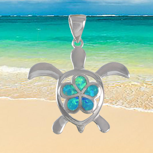 Hawaiian Large Plumeria Sea Turtle Pendant, Sterling Silver Turtle w. Blue Opal Plumeria Pendant, Christmas Birthday Gift