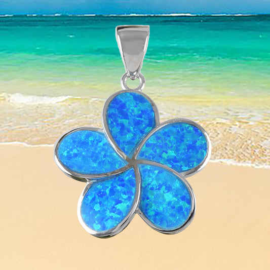 Hawaiian Large Blue Opal Plumeria Pendant, Sterling Silver Blue Opal Inlay Plumeria Pendant, Christmas Mom Birthday Gift