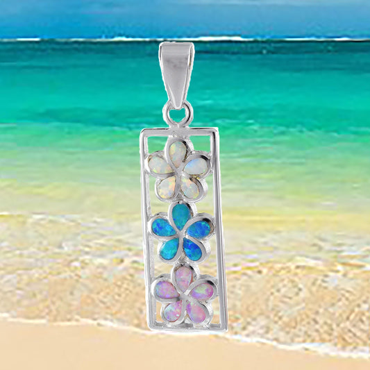 Hawaiian 3 Blue Pink White Opal Plumeria Pendant, Sterling Silver Opal Inlay 3 Plumeria Pendant, Christmas Mom Birthday Gift