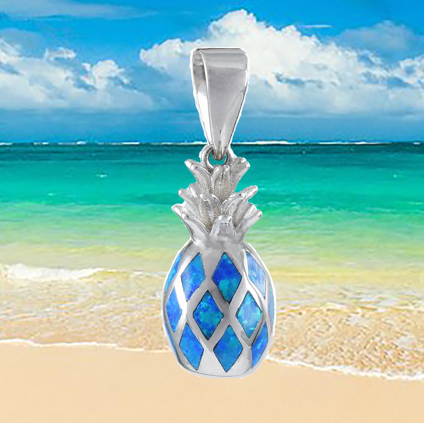 Hawaiian 3D Blue Opal Pineapple Pendant, Sterling Silver 3D Pineapple Charm Pendant, Hawaiian Jewelry, Christmas Anniversary Birthday Gift