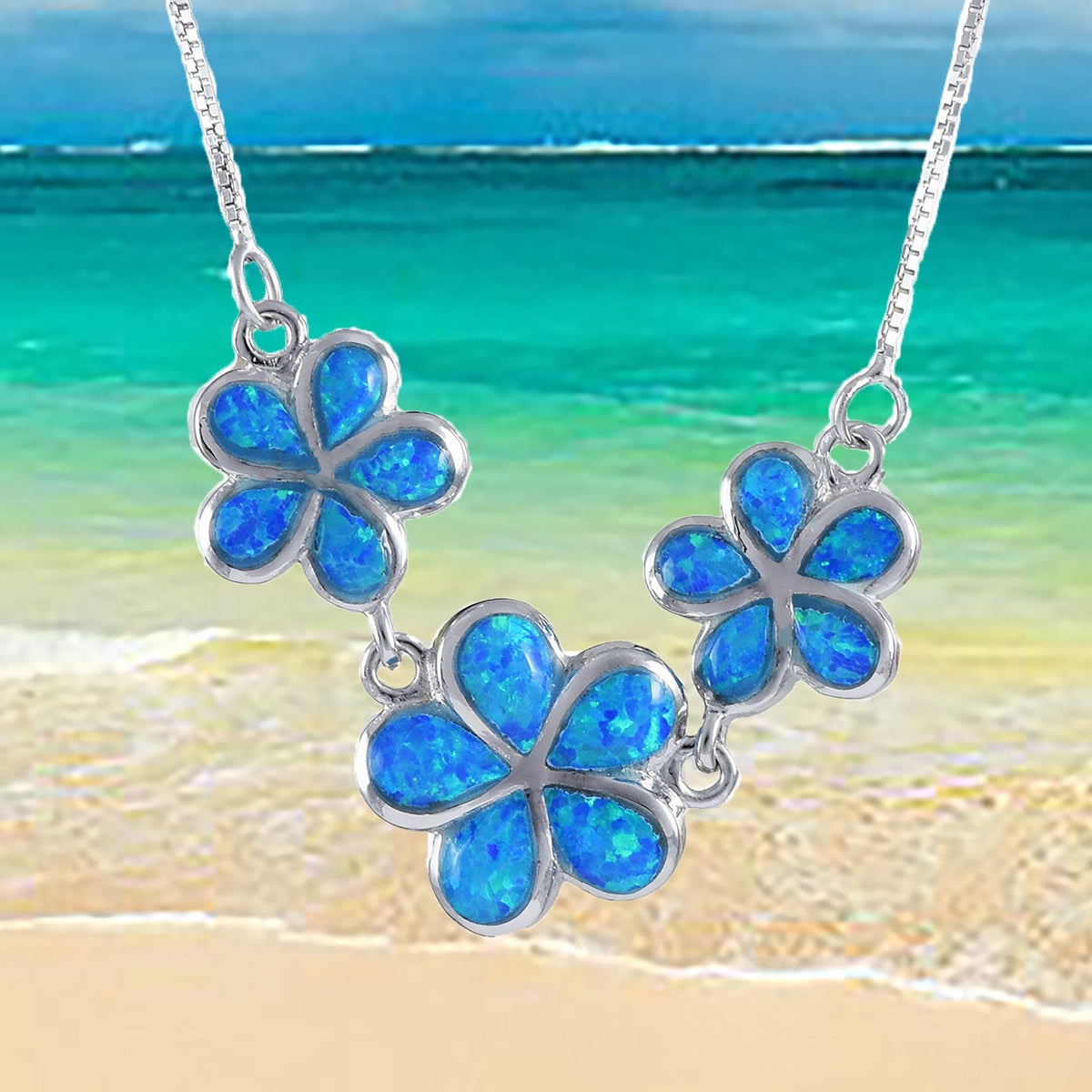 Hawaiian Large 3 Blue Opal Plumeria Necklace, Sterling Silver Blue 