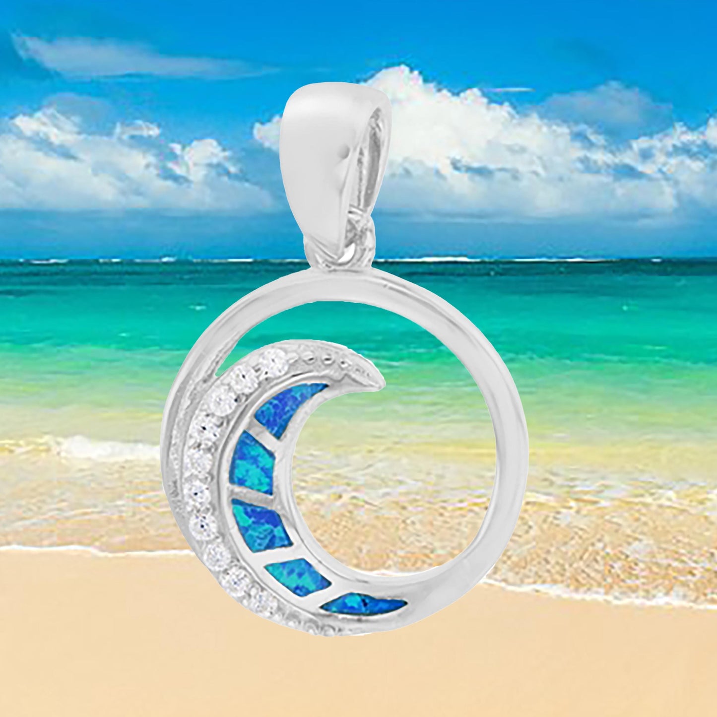 Hawaiian Blue Opal Ocean Wave Necklace, Sterling Silver Blue Opal Inlay Wave CZ Pendant, Hawaiian Jewelry, Christmas Mom Birthday Gift