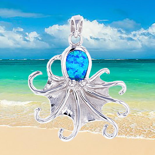 Hawaiian Blue Opal Octopus Necklace, Sterling Silver Blue Opal Octopus Pendant, Christmas Anniversary Birthday Mom Gift