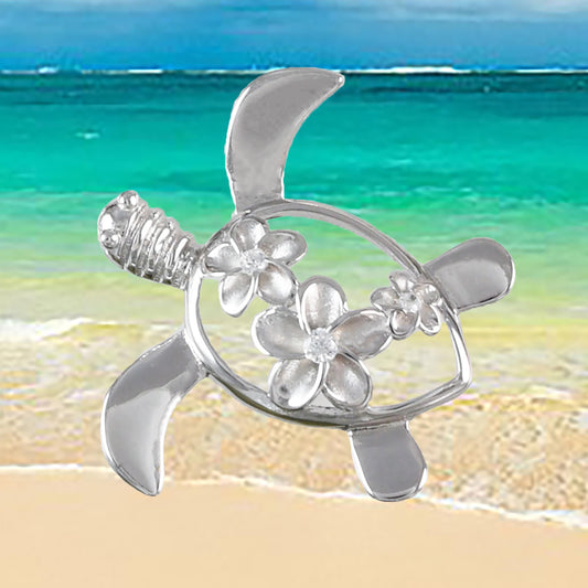 Hawaiian Sea Turtle 3 Plumeria Pendant, Sterling Silver Turtle 3 Plumeria CZ Pendant, Hawaiian Jewelry, Christmas Mom Birthday Gift