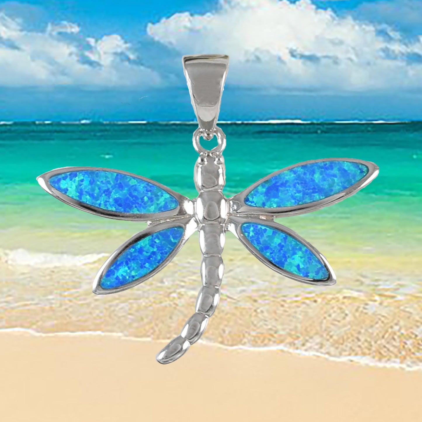 Hawaiian Large Blue Opal Dragonfly Pendant, Sterling Silver Blue Opal Dragonfly Pendant, Christmas Present Birthday Gift