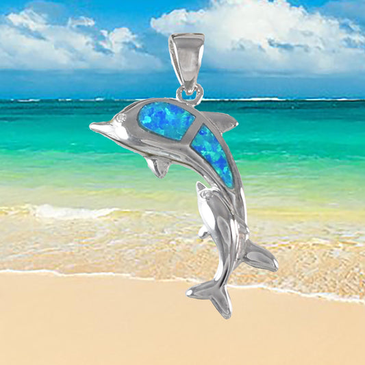 Hawaiian Large Blue Opal Mom & Small Dolphin Pendant, Sterling Silver Blue Opal 2 Dolphin CZ Eye Pendant, Birthday Gift