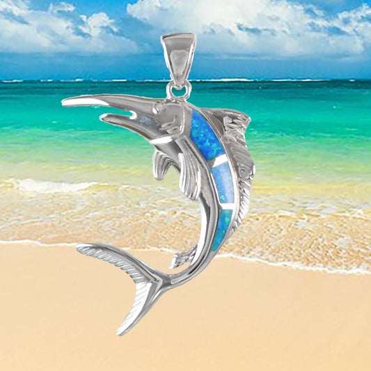 Hawaiian X-Large Blue Opal Marlin Pendant, Sterling Silver Blue Opal Marlin Swordfish Pendant, Christmas Birthday Mom Gift