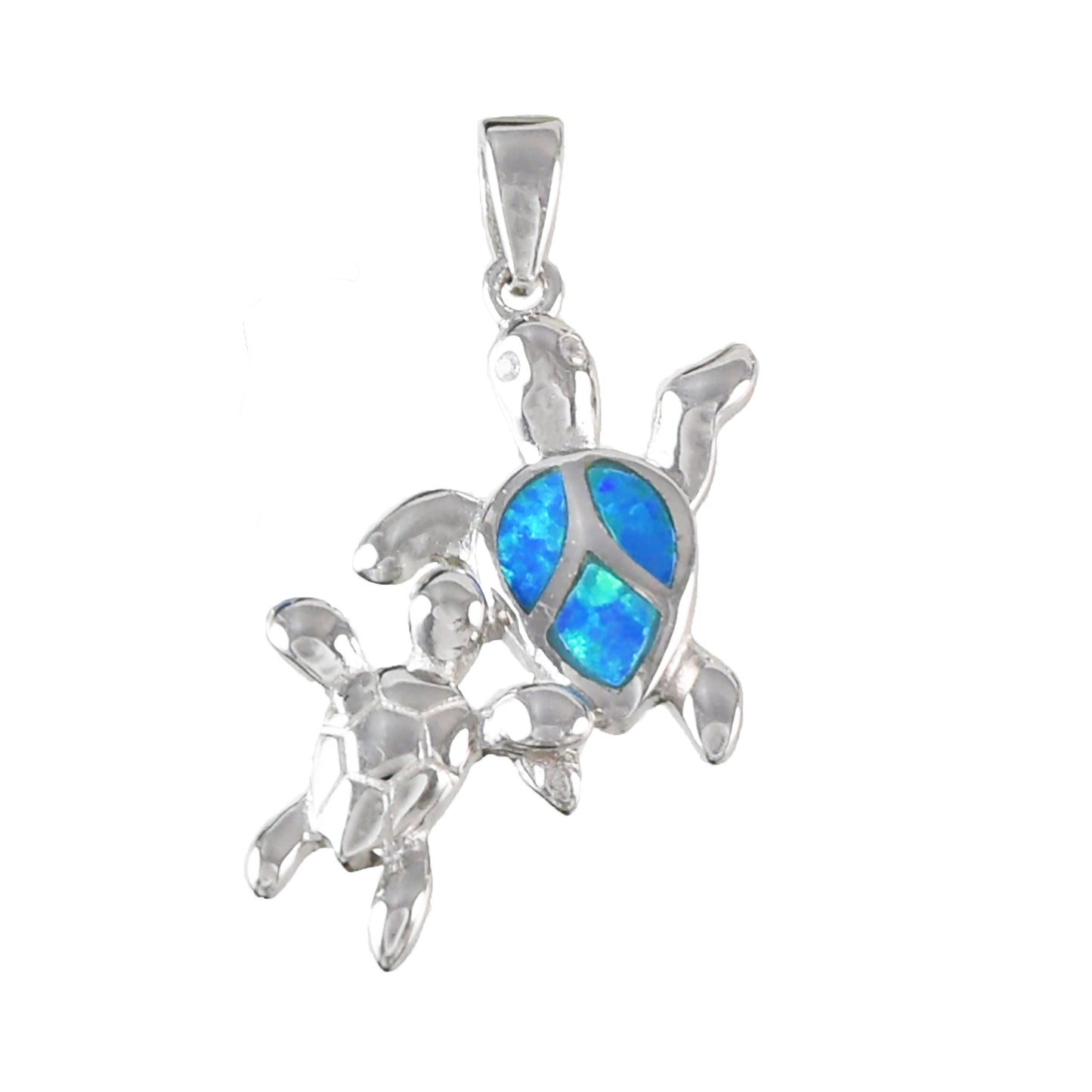Hawaiian Blue Opal Mom & Small Sea Turtle Pendant, Sterling Silver Blue Opal 2 Turtle CZ Eye Pendant, Christmas Birthday Mom Gift