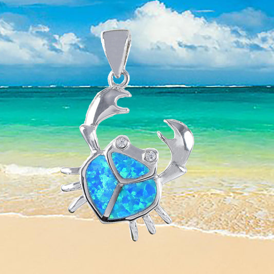 Hawaiian Blue Opal Crab Pendant, Sterling Silver Blue Opal Inlay Crab CZ Eye Pendant, Hawaiian Jewelry, Christmas Mom Birthday Gift