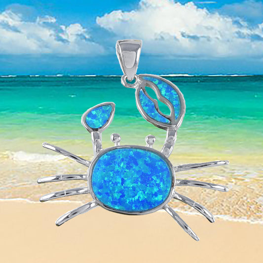 Hawaiian Large Blue Opal Crab Pendant, Sterling Silver Blue Opal Inlay Crab Pendant, Christmas Anniversary Birthday Mom Gift