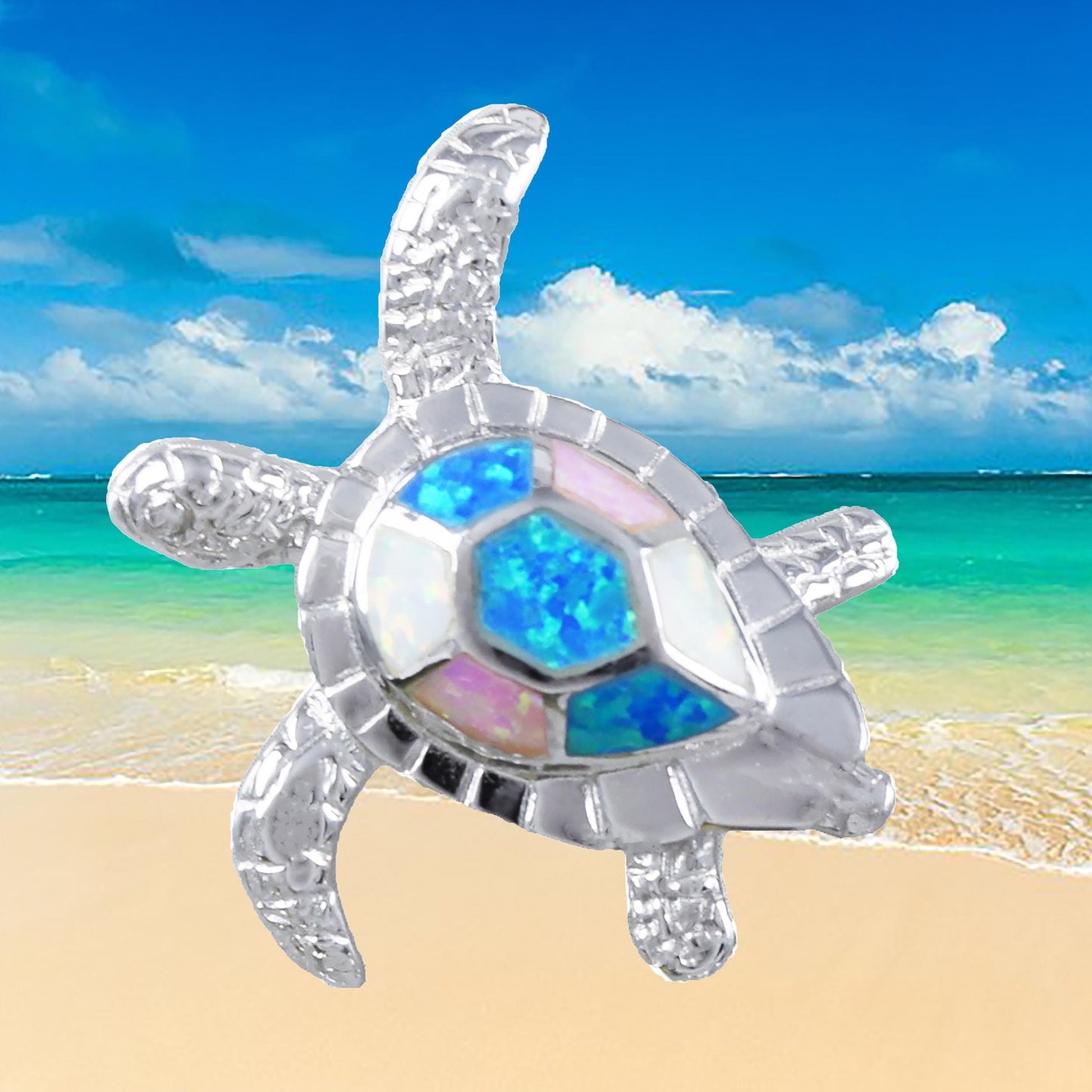 Hawaiian Large Blue Pink White Opal Sea Turtle Pendant, Sterling Silver Opal Sea Turtle Pendant, Christmas Birthday Mom Gift