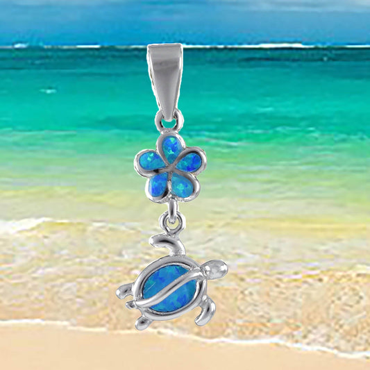 Hawaiian Blue Opal Plumeria Sea Turtle Pendant, Sterling Silver Turtle Plumeria Pendant, Christmas Mom Birthday Gift