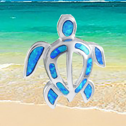 Hawaiian Blue Opal Sea Turtle Pendant, Sterling Silver Blue Opal Inlay Sea Turtle Pendant, Christmas Birthday Gift