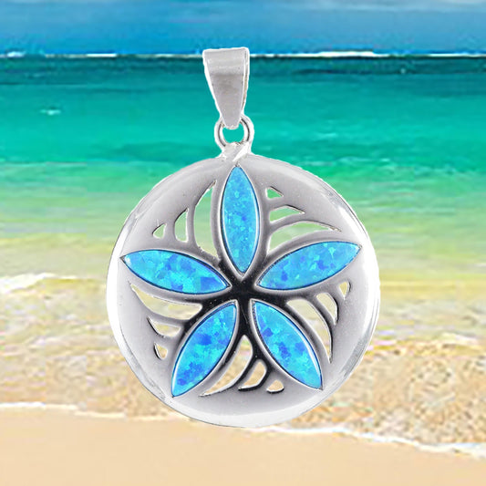 Hawaiian Blue Opal Sand Dollar Pendant, Sterling Silver Sand Dollar Pendant, Christmas Anniversary Birthday Gift