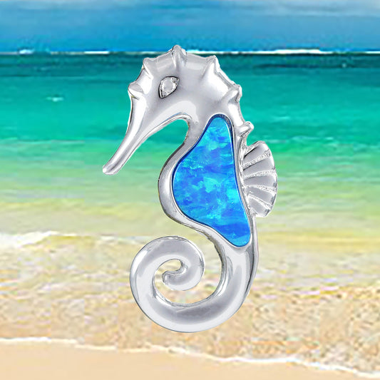 Hawaiian Blue Opal Seahorse Pendant, Sterling Silver Blue Opal Sea Horse Pendant, Christmas Anniversary Birthday Mom Gift